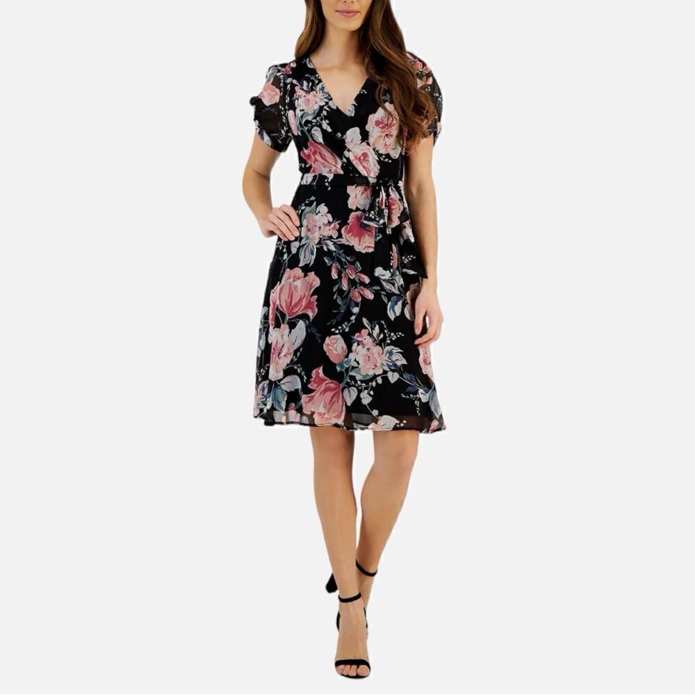 CONNECTED APPAREL Wedding Guest Knee-Length Shift Dress, Size 6 Black Floral
